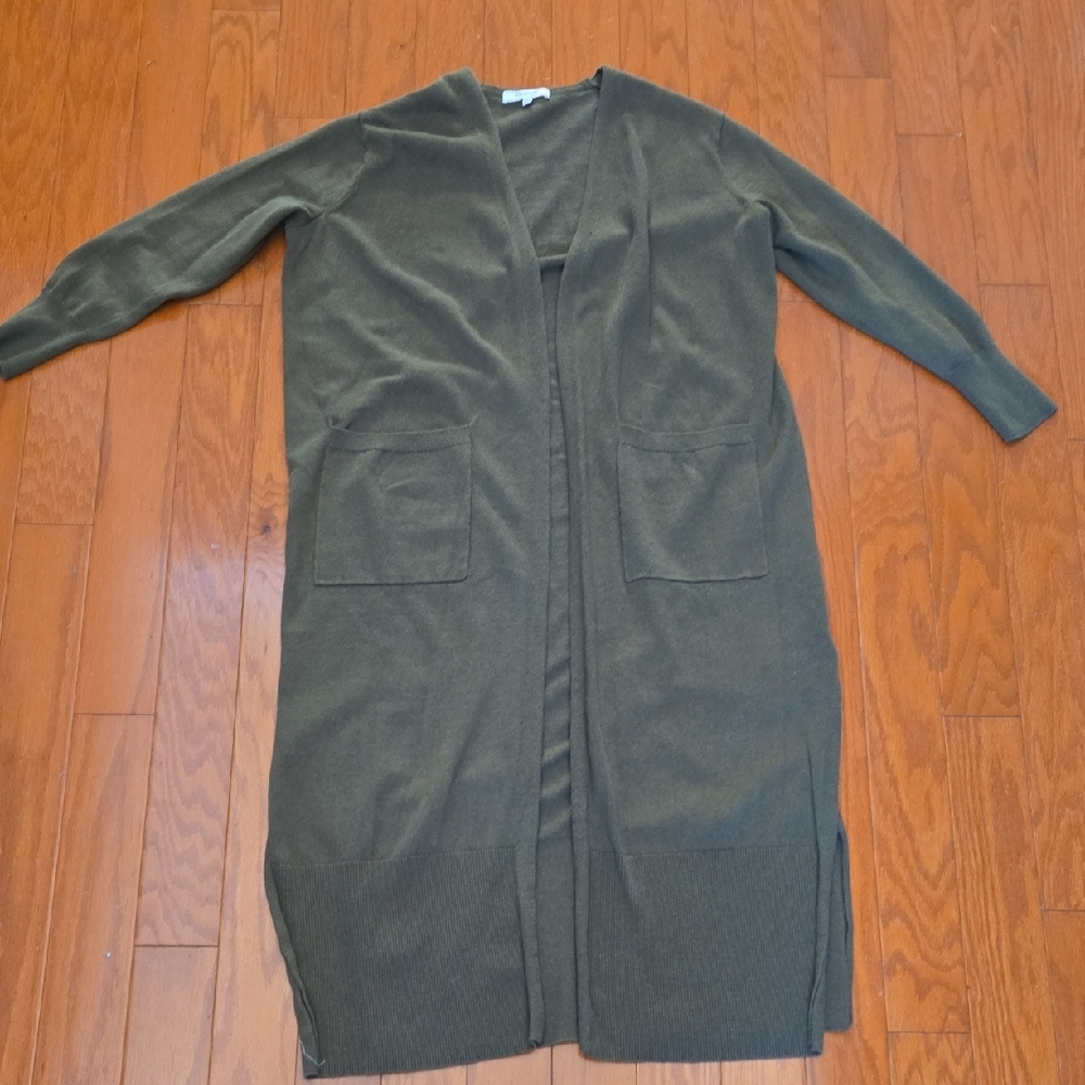 Madewell Olive Green Long Knit Cardigan | Cozy Open Front w/ Pockets | XXS